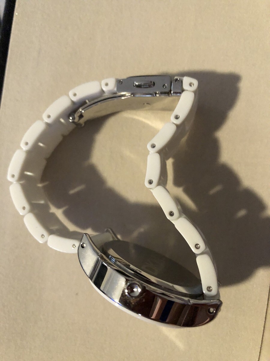 DKNY WHITE ACRYLIC BAND+SILVER TONE DIAL PAVE CRYSTAL WATCH  display picture 2
