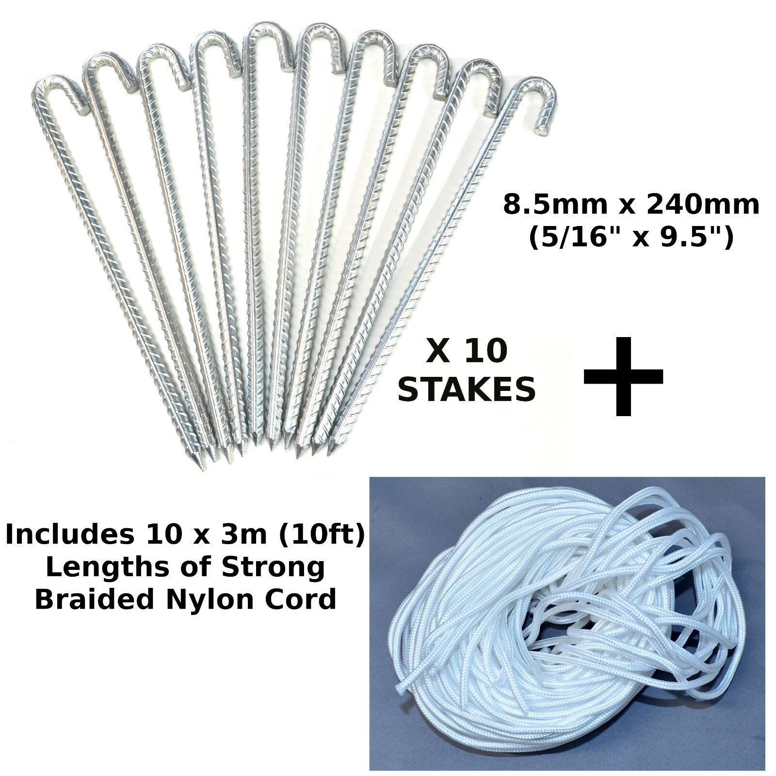 Heavy Duty 8.5mm x 240mm Tent, Gazebo Pegs, Galvanised Stakes x 10, Rebar + Cord
