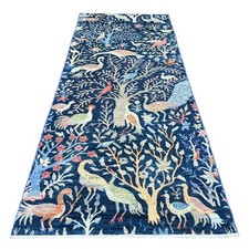 4'1"x'9'9" Blue Afghan Peshawar Birds Design Wool Hand Knotted Runner Rug R20259
