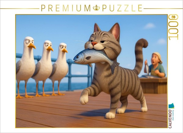 Calvendo Puzzle What Do You Think - Cartoon Cat With Fish | 1000 Pieces, Finishe-image