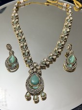 Mona Lisa kundan American diamond necklace set mint green earrings gold tone