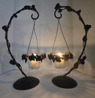 Vintage Pair of Metal Candle Holders With Black Roses - Beautiful In Any Room