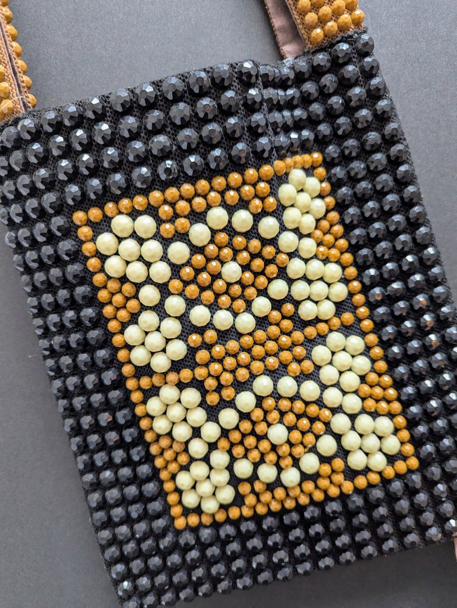 ⭐︎ ROGER VAN S Beaded Purse Retro Tote Shoulder Sack Bag Brown Black