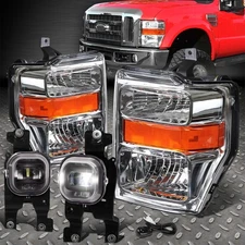 FOR 08-10 FORD F250 F350 F450 F550 CHROME/AMBER HEADLIGHTS+LED FOG LAMPS+SWITCH