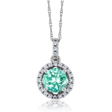 0.99 Ct Round Blue Apatite White Diamond 14K White Gold Pendant