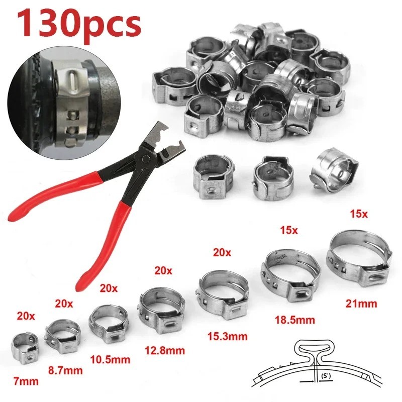 130PCS Single Ear Stepless Hose Clamps 304 Stainless Steel Ear Hose Clamps Plier