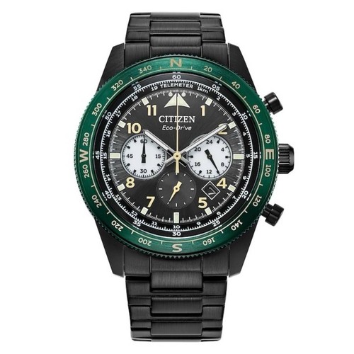 Citizen Eco-Drive Pilot Chronograph Black Dial Green Bezel 100m w/ Box