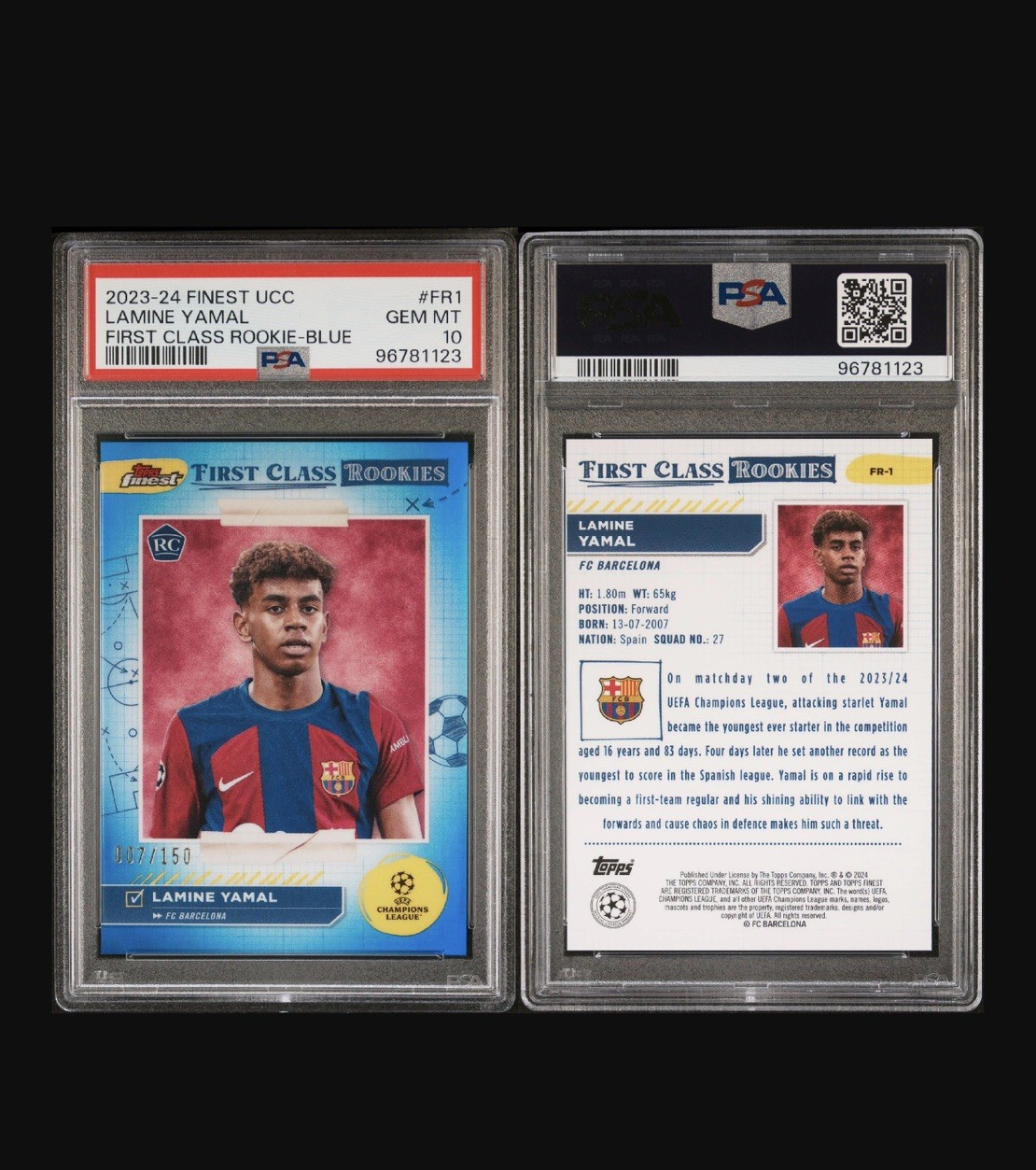 LAMINE YAMAL RC 2023 Topps Finest UCC #FR1 FIRST CLASS ROOKIE BLUE PSA 10 Pop 55 view 3