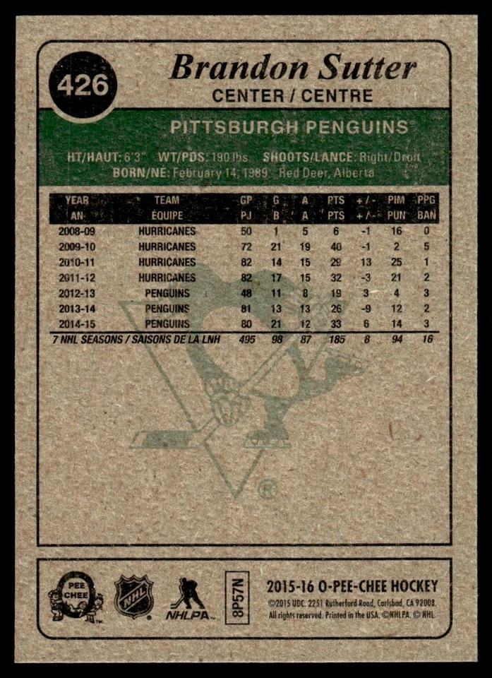 2015-16 O-Pee-Chee Retro Brandon Sutter Pittsburgh Penguins #426 - Image 2 of 2