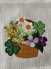 Vintage floral basket Embroidered White Table Cloth. 100% cotton Made in India.