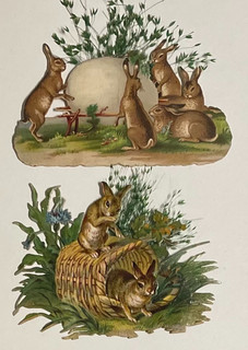 Oblaten Glanzbild scrap Ostern 9cm Hasen Ei Korb Gräser