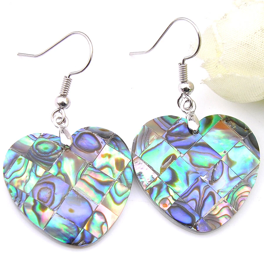 Pendientes de gancho colgantes de plata con gemas de concha de abulón natural tropical con corazón Foto 3 de 4