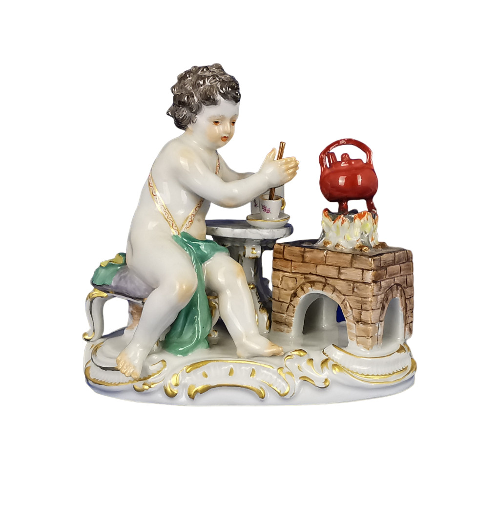 MEISSEN Figur 70656 Allegorie des Feuers J.J. Kaendler Putto als Kakaokocher TOP