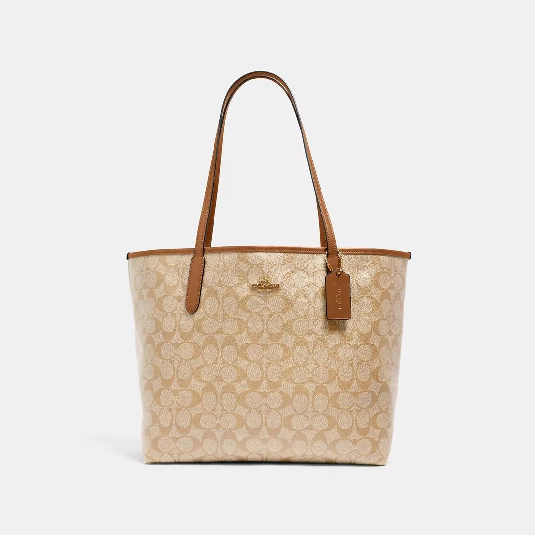 Coach 5696 City Tote In Signature Canvas Khaki/Saddle 2 