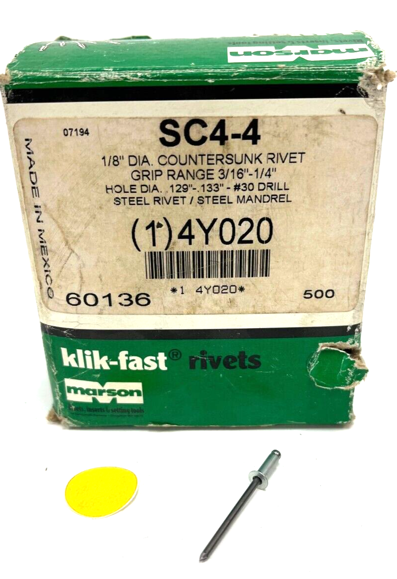 MARSON KLIK-AST RIVETS SC4-4 COUNTERSUNK RIVET GRIP RANGE 3/16