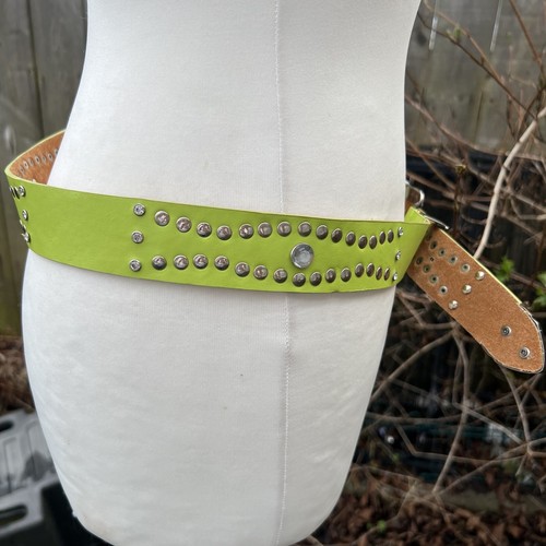 Lime Green Western Rodeo Silver Studded Rhinestones Belt Boho Retro Festival Y2K - Picture 9 of 19
