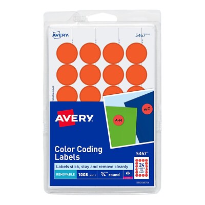 Avery Printable Removable Color-Coding Labels 3/4'' dia Neon Red 1008/Pack 05467