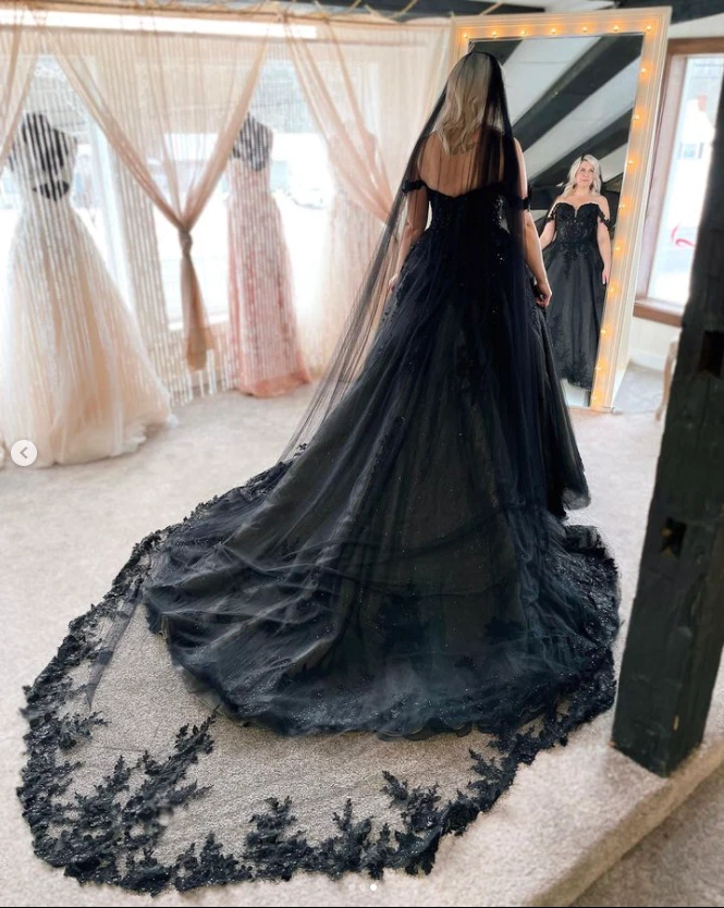 Gothic Black Wedding Dresses Off Shoulder Lace Glitter Sweep Train Bridal Gown - Image 4 of 4