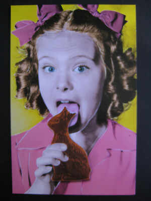 UNUSED 1990s vintage greeting card EASTER Girl Biting Chocolate Bunny