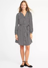 Old Navy Striped Sateen Tie-Waist Dress,Black/White SIZE MT M T #860535 N0104