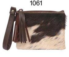New Cowhide Rug Leather Wristlet Clutch Wallet Double Side Clutch Bag 8" x 6"