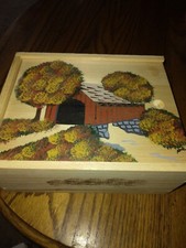 wooden box with sliding cover painting of covered bridge