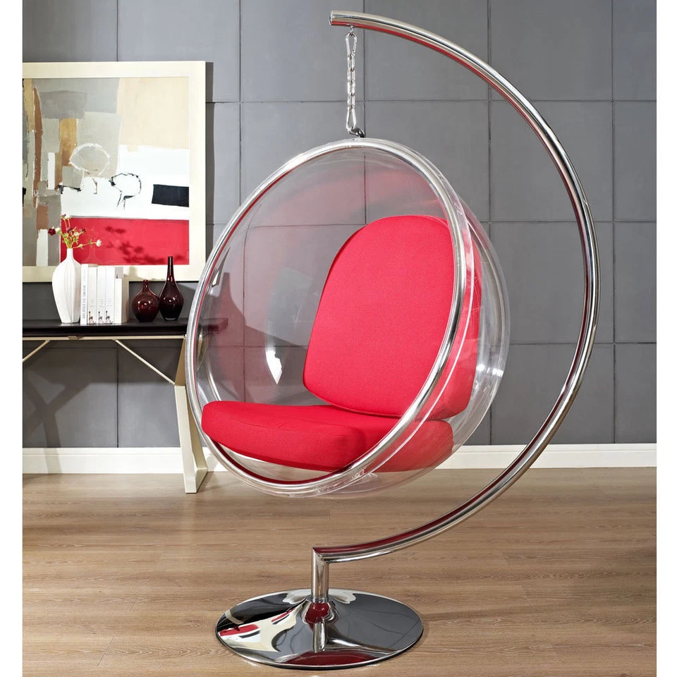 Silla colgante de burbujas Eero Aarnio con soporte y cojín de PU blanco o plateado  Foto 3 de 4