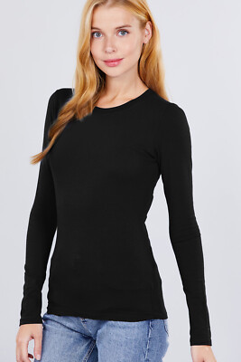 Womens Cotton Stretch Long Sleeve T-Shirt Plain Fitted Solid Slim Layering