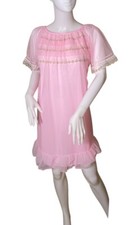 Vintage 1950s Baby Doll Pink Chiffon Negligee Nightgown Dress