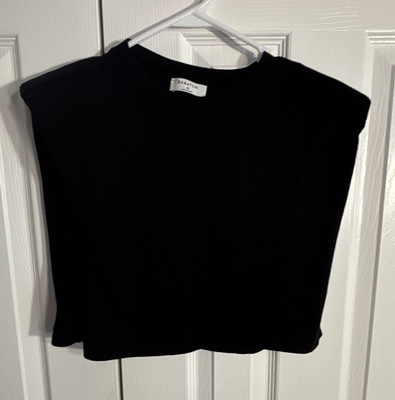 Aritzia Babaton Black Knit Sleeveless Crew Neck Shell, Shoulder Pads Cropped XS