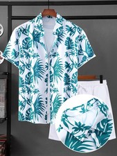 A men's plus-size casual printed shirt and shorts set, regular fit, tropical