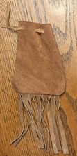 Vintage Native American Brown Suede Leather Drawstring w/ Fringe Pouch Bag Nice