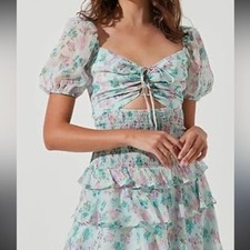 Astr the Label Garland Floral Front Cut Out Puff Sleeve Mini Dress Mint Med