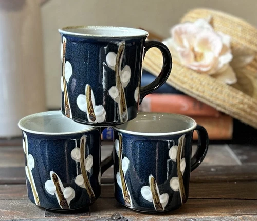 VTG Otagiri PUSSYWILLOW Cobalt BLUE Pottery Stoneware Coffee Tea MUGS (Set of 3)