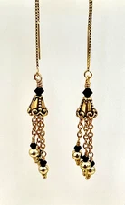 "IAJ" 14k Gold Vermeil Ear Threaders Gold gp Caps w/Jet  Swarovski Crystals