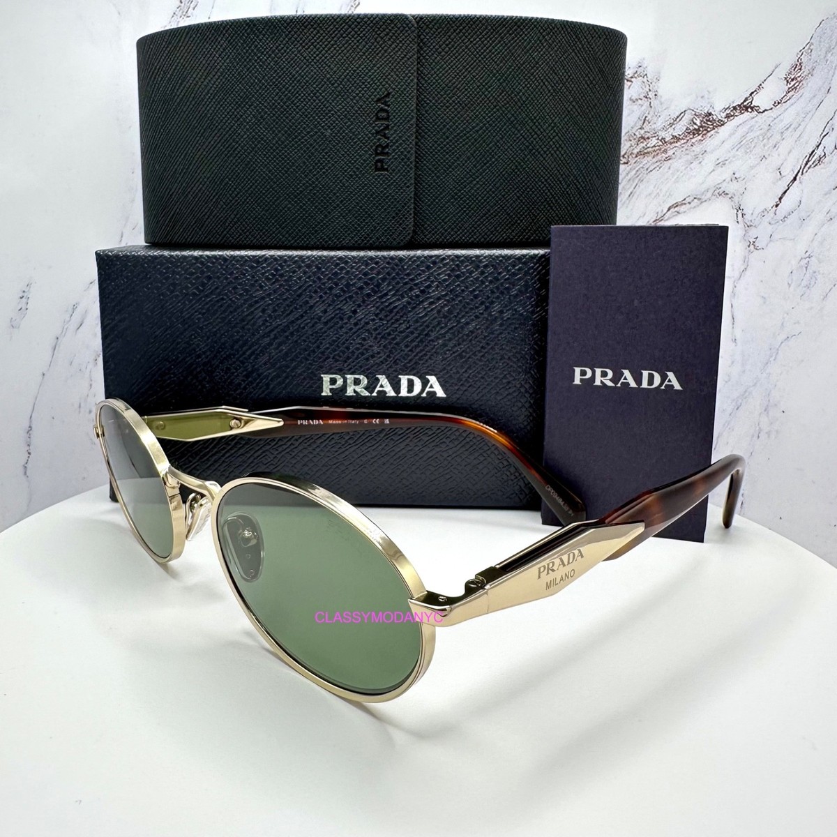 PRADA Sunglasses Gold Oval Round Symbole Metal Frame Green Lens