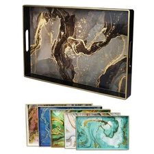 Black Marbling Decorative Tray 15.7x10.2 Inch Plastic Serving Platter Handles