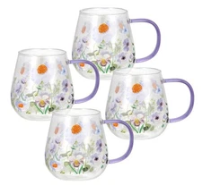 STPGOODS Daisy Jumbo Borosilicate Glass Mug Set of 4 Tea Coffee Cup 4x18 oz ea