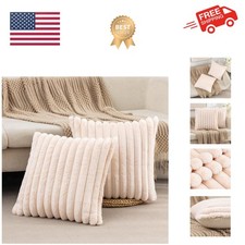 Set of 2 Beige Faux Fur Decorative Throw Pillow Covers Fluffy Striped Pillowc...
