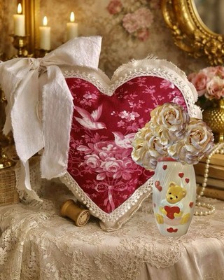 VTG Kitsch Ceramic Teddy Bear Heart Planter Vase Quilted Nursery Decor Valentine