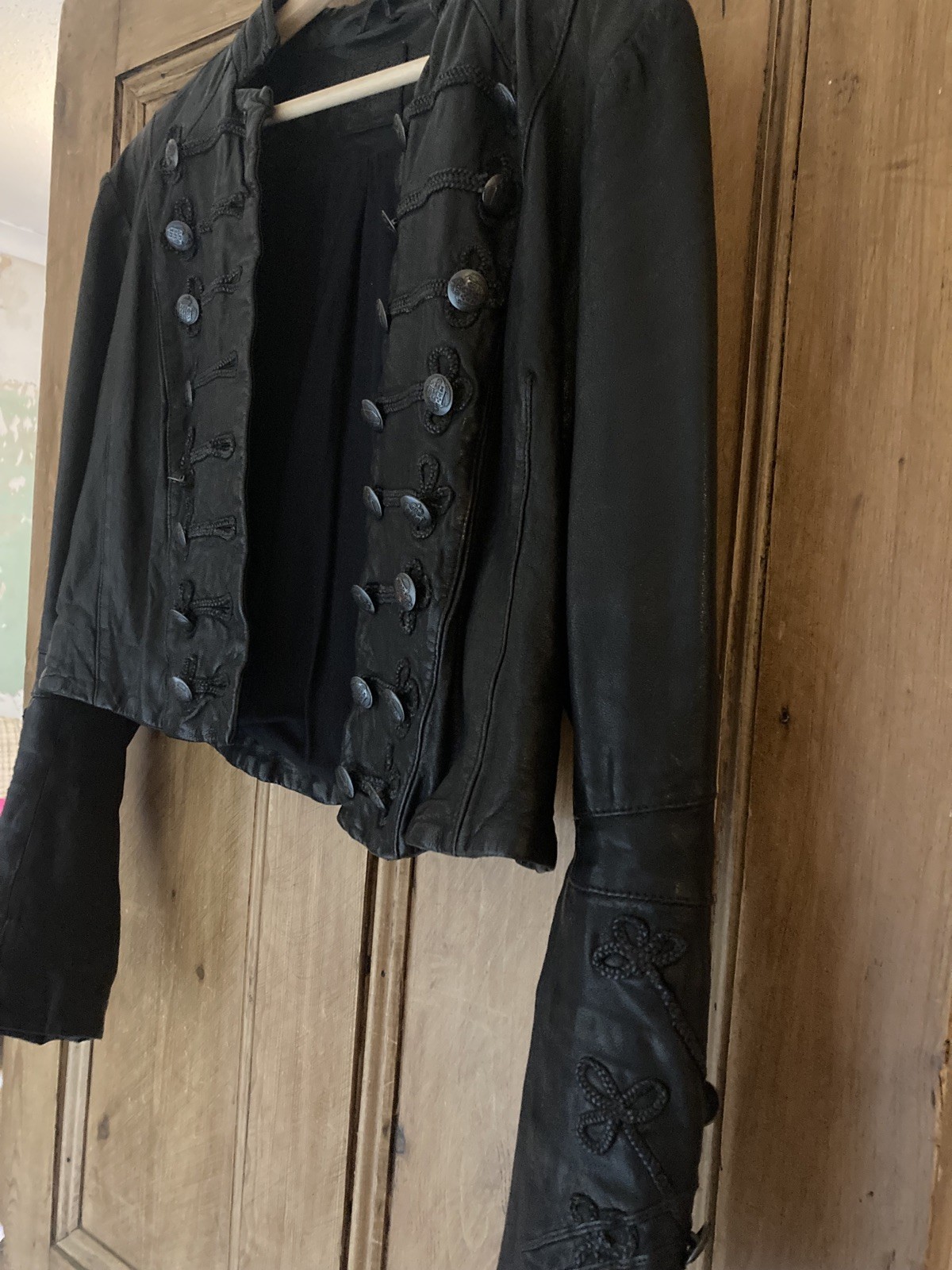 ALL SAINTS KARST BLACK LEATHER MILITARY JACKET, UK10 iconic Rare rock chic 