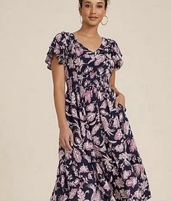 Maurices Maxi Dress Blue Ruffled Floral Bird Pockets Flutter Sleeve XXL XL NEW
