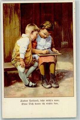 39166151 - Children painting on a blackboard postcard school