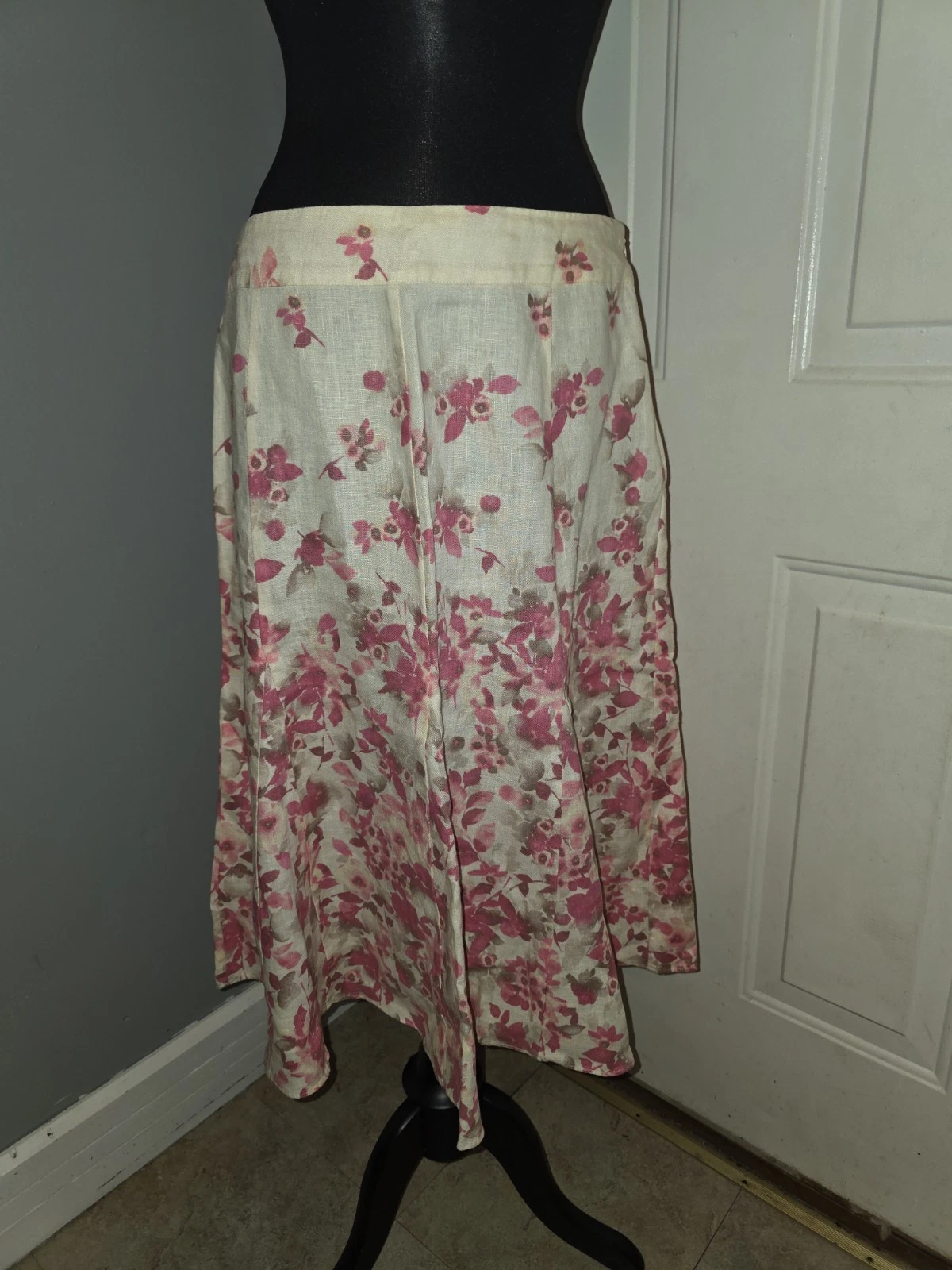 Vtg JM Collection 100% Linen A-Line Midi Skirt Pink Floral Cottage Ruffled 12
