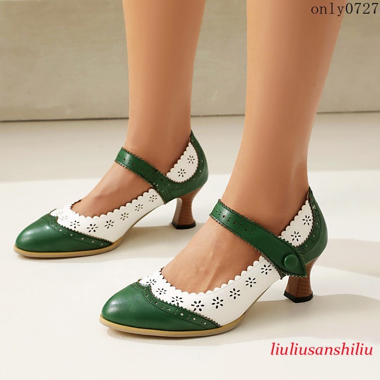 Women's Low Kitten Heel Mary Janes Carved Faux Leather Pump Shoes Colorblock Hot