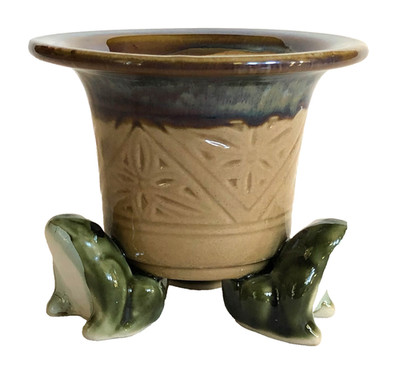 Majolica Frog Planter Three Frog Feet Art Pottery Drip Glaze Small Vase