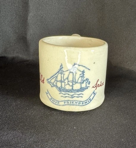 Vintage Old Spice Shulton Custard Milk Glass Blue Ship Shaving Mug Cup Collect