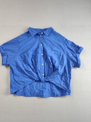Universal Thread Women XL Blue Crinkle Short Sleeve Tie Front Button Up Cotton
