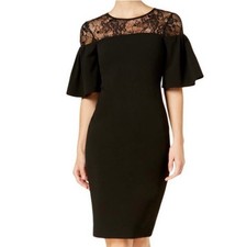 Calvin Klein Sheath Dress Women's 2 Black Lace Illusion Short Bell Sleeves 