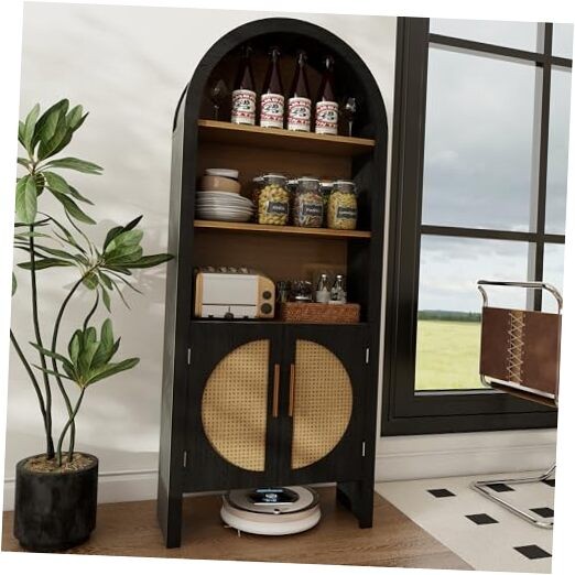 60-Inch Black Arched Cabinet with Rattan Doors and 5-Tier Bookcase Display